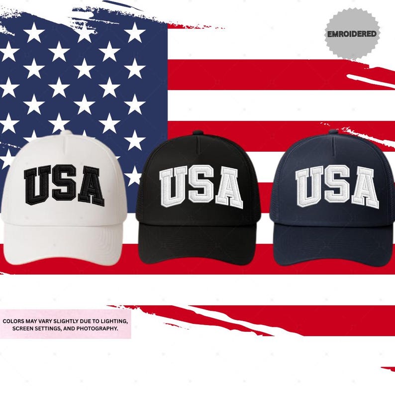 Three baseball caps with the word "USA" printed on them, set against the backdrop of the American flag.