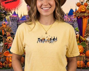 Mickey And Friends Halloween Embroidery Comfort Colors Shirt, Embroidered Disneyland Fall Tshirt, Spooky Season Graphic Tee