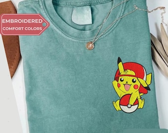 Cute Pikachu Embroidered Comfort Colors Shirt, Kawaii Pokemon Summer Tee