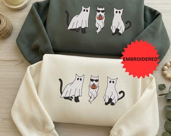 Halloween Ghost Cat Sweatshirt, Embroidered Spooky Season Crewneck, Black Cat Pullover, Fall Holiday Apparel, Meme Cat Design