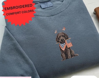 4th Of July Goldendoodle Dog Embroidered Sweatshirt, Comfort Colors Patriotic Puppy Crewneck, Independence Day American Flag Sweater