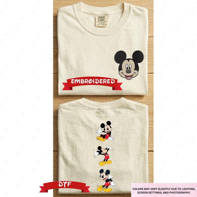 a white t-shirt with a Mickey Mouse design and the text "EMBRODERED" printed on it.