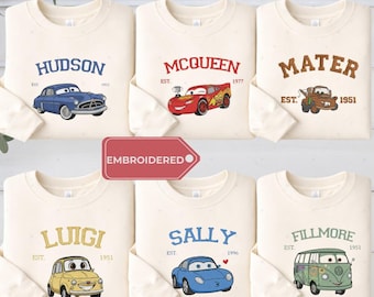 Embroidered Disney Cars Movie Sweatshirt, Retro Lightning McQueen Crewneck, Mater Sally Carrera Doc Hudson Disneyland Vacation Apparel