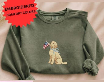 Patriotic Dog Sweatshirt Comfort Colors Embroidered, American Flag Puppy Crewneck, 4th of July Dog Lover Sweater