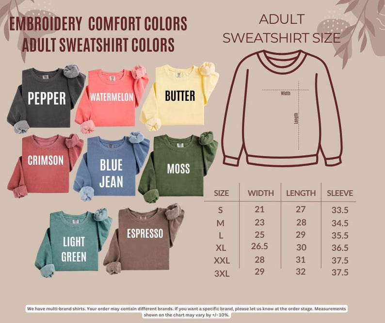 The image is a collage of various adult sweatshirt colors and sizes, along with a chart that provides the corresponding measurements.