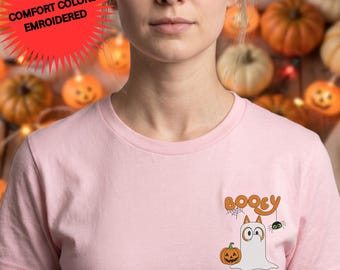 Booey Halloween Embroidery Comfort Colors Shirt, Ghost Spooky Embroidered Tshirt, Retro Spooky Season Graphic Tee