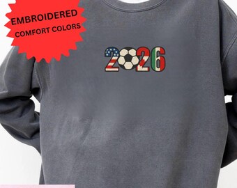 2026 Soccer Cup Embroidery Comfort Colors Sweatshirt, Custom Football Flag Crewneck, Retro Sports Numbers Game Day Sweater