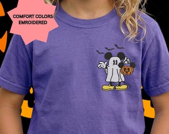 Mickey Mouse Halloween Embroidery Shirt, Disney Spooky Embroidered T-Shirt, Kids Autumn Apparel, Pumpkin Mouse Embroidery Top