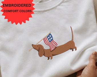 Fourth Of July Dachshund Dogs Embroidered Shirts, Patriotic Wiener Dog USA Flag Tee, Independence Day