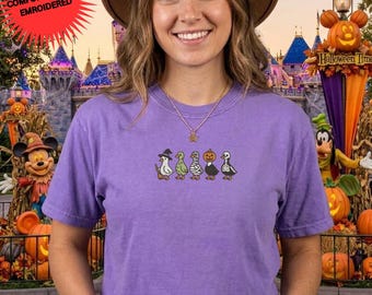 Goose Halloween Embroidery Comfort Colors Shirt, Spooky Season Embroidered Graphic Tshirt, Retro Fall Fashion Tee
