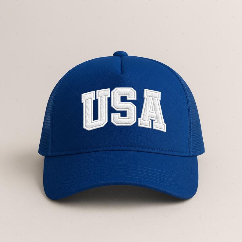 A blue baseball cap with the word "USA" printed on it.
