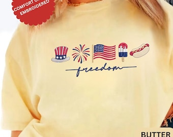 American Icons Embroidered Shirt Comfort Colors, 4th Of July Firework Tee, USA Flag Popsicle Patriotic Summer Embroidery Tshirt