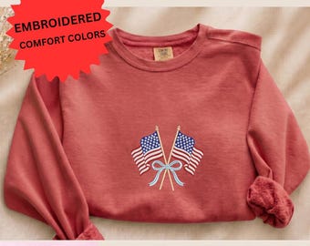 Embroidery Usa Flag Comfort Colors Sweatshirt, Embroidered Patriotic Crewneck, Independence Day 4th of July Sweater
