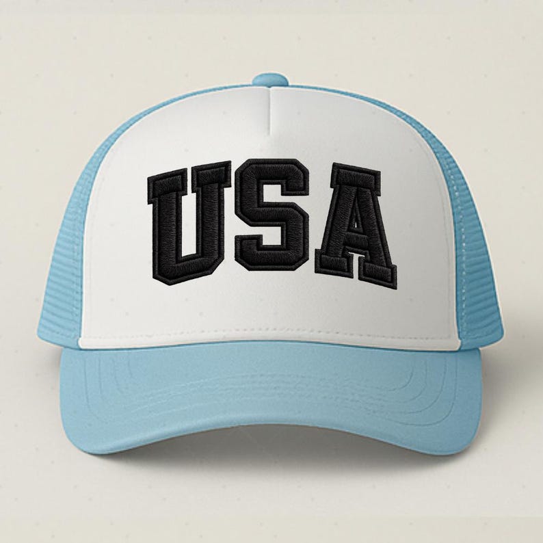 A white and blue baseball cap with the word "USA" printed on it.