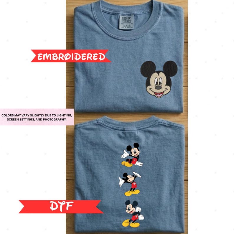 The image is a collage of two images showing a blue t-shirt with a Mickey Mouse design on the front and back.