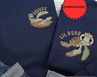 Father Son Matching Turtles Embroidered Sweatshirt, Dude And Lil Dude New Dad Crewneck, Family Match Daddy And Me Sweater