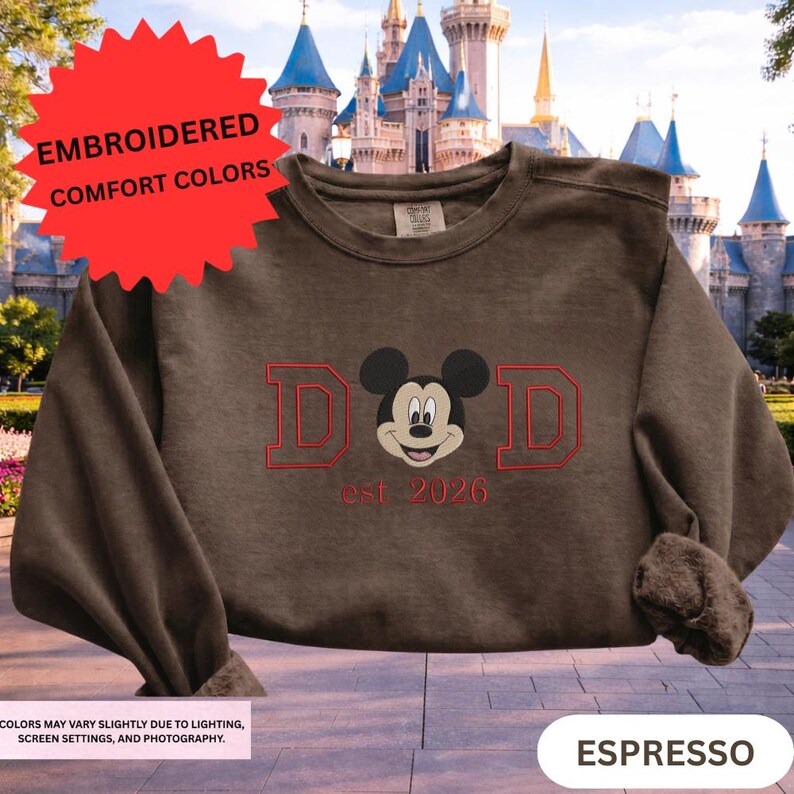 A brown sweater with a Mickey Mouse design and text, placed in front of a castle-like structure.