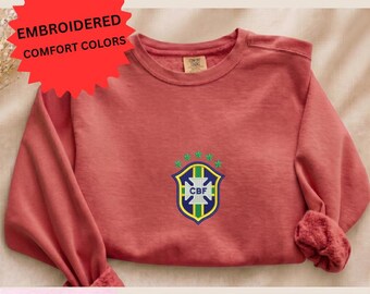 Brasil Soccer Cup Comfort Color Sweatshirt, Embroidered Brazil Soccer Crewneck, Vintage Brazilian Flag Sweater, Football Brasil Embroidery