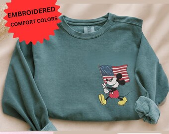 Mickey American Flag Embroidered Sweatshirt Comfort Colors, 4th of July Disney Crewneck, Patriotic Mickey Sweater, USA Vacation Embroidery