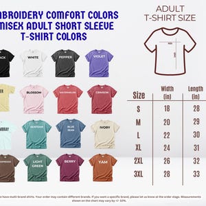The image is a collage of various adult t-shirt colors and sizes, along with a chart detailing the measurements for each color.