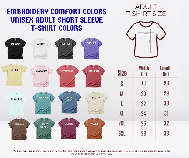 The image is a collage of various adult t-shirt colors and sizes, along with a chart detailing the measurements for each color.