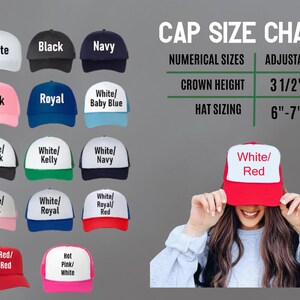 The image is a collage of various colored baseball caps, including white, black, navy, pink, royal, baby blue, and red. A woman is posing with a white, red, and red baseball cap on her head, and there is a chart with numerical sizes and adjustable crown heights for the caps.