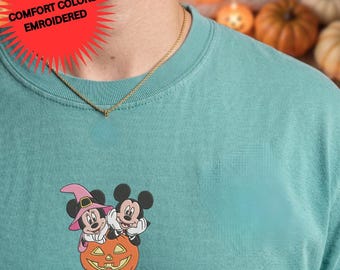 Disney Halloween Embroidery Comfort Colors Shirt, Mickey Minnie Pumpkin Spooky Embroidered Ghost Tshirt, Disneyworld Trip Graphic Tee