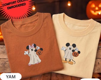Disney Halloween Embroidery Comfort Colors Shirt, Mickey Mouse Minnie Mouse Spooky Embroidered Tshirt, Disney Family Vacation Graphic Tee
