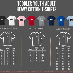 a collection of heavy cotton t-shirts in various sizes, including toddler, youth, and adult sizes, along with their corresponding measurements.