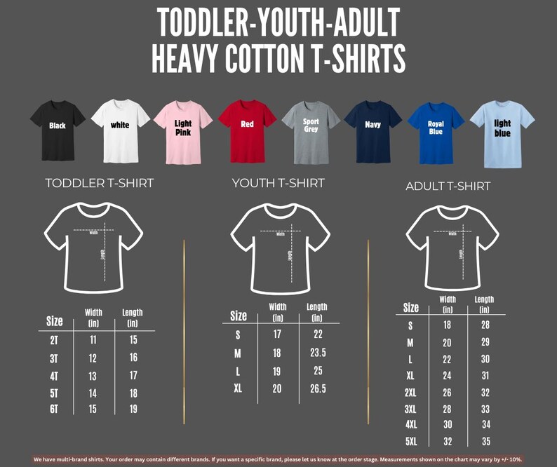 a collection of heavy cotton t-shirts in various sizes, including toddler, youth, and adult sizes, along with their corresponding measurements.