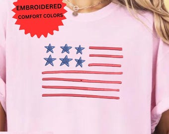 4th Of July Embroidered Shirt Comfort Colors, American Flag Tee, Vintage Patriotic Summer Celebration USA Flag Stitching Embroidery Tshirt