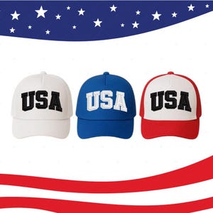 Three hats with the word "USA" printed on them, arranged in a row against a background of stars and stripes.