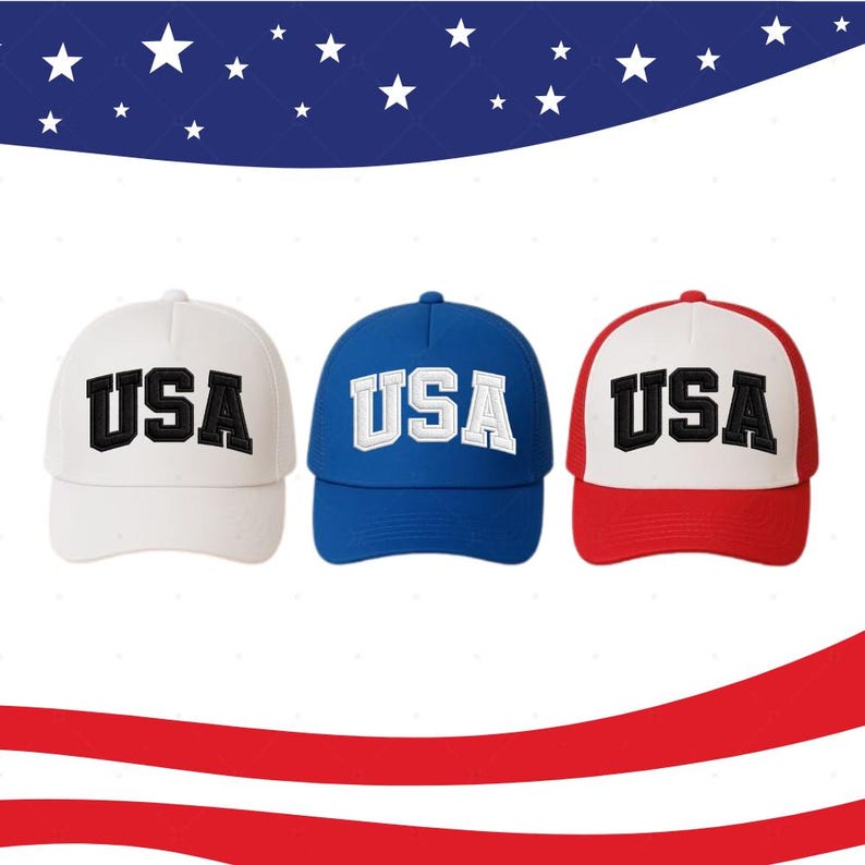 Three hats with the word "USA" printed on them, arranged in a row against a background of stars and stripes.