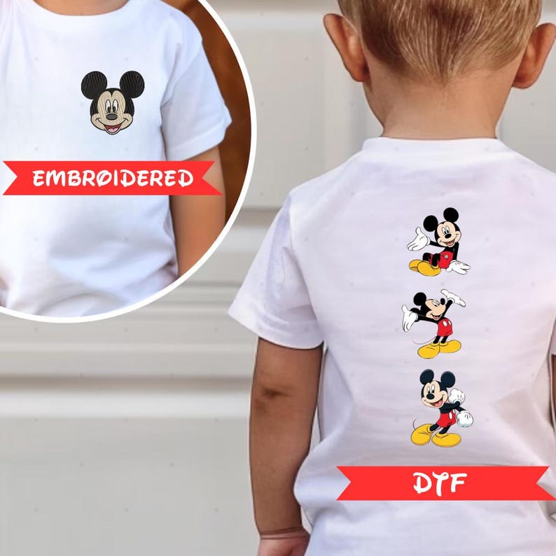 a child wearing a white t-shirt with a Mickey Mouse embroidered design on the back.