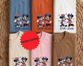 Mickey Mouse Embroidered Shirt Comfort Colors, American Flag Tee, 250 Years Freedom Fourth Of July Tshirt, Patriotic Disney Embroidery