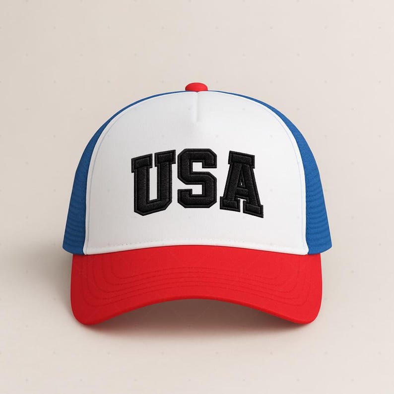 A white and red baseball cap with the word "USA" printed on it.