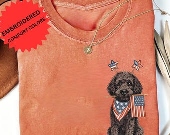 4th Of July Goldendoodle Dog Embroidered Shirt, Patriotic Dogs USA 250th Anniversary Gift, Preppy American Flag Graphic Tshirt Tee