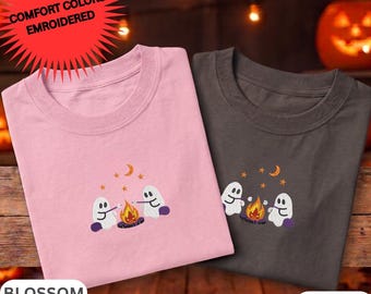 Ghosts Camping Embroidered Comfort Colors Tee, Spooky Season Outdoors Graphic Shirt, Halloween Vintage Embroidery Tshirt