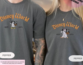 Embroidered Disney Halloween Shirt, Mickey Minnie Couple Ghost Embroidery TShirt, Spooky Season Disneyland Matching Tee