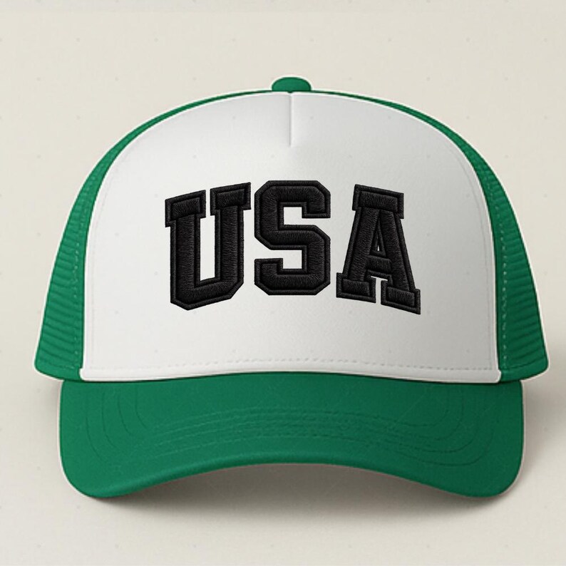 A green and white baseball cap with the word "USA" printed on it.