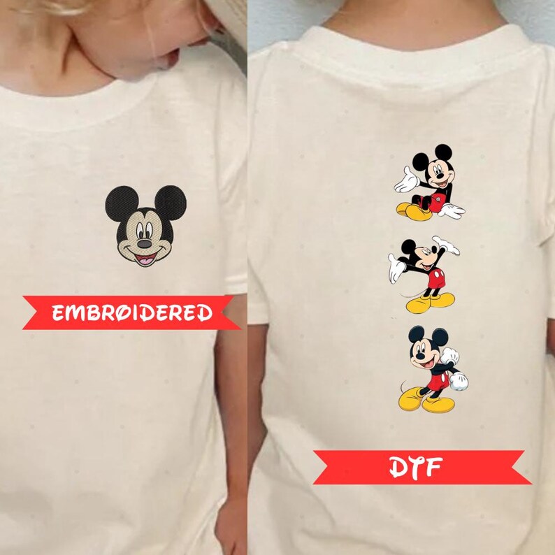 The image is a collage of two images, one showing the front of a white t-shirt with a Mickey Mouse embroidered design and the other showing the back of the same t-shirt with the same Mickey Mouse design.