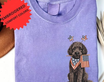 Fourth Of July Goldendoodle Dog Embroidered Shirt, Patriotic Dogs USA 250th Anniversary Gift, Preppy American Flag Tee