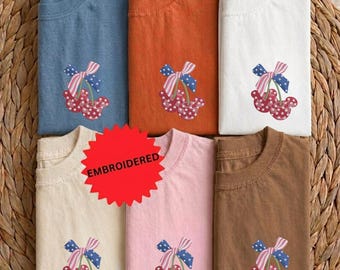 Mickey Cherry Bow Embroidery USA Shirt, 250th Anniversary Comfort Colors Shirt, Disney Coquette  Tshirt