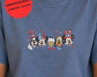 Disney Characters Embroidery America Shirt Comfort Colors, Mickey And Friends Embroidered, 4th Of July Family Matching USA 250th Anniversary
