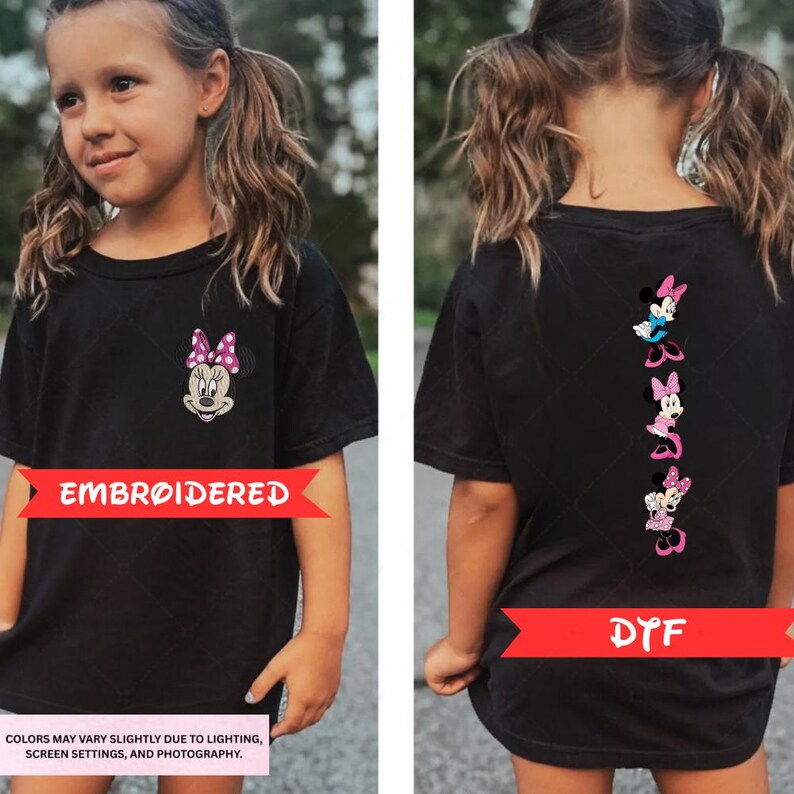 a young girl wearing a black t-shirt with Minnie Mouse designs on the back. The t-shirt is embroidered with Minnie Mouse characters, and the girl is smiling.
