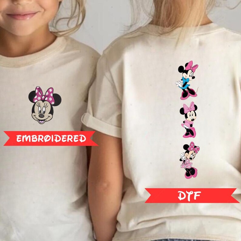 two white t-shirts with Minnie Mouse designs on the back. The t-shirt on the left is embroidered with Minnie Mouse, while the t-shirt on the right has a series of Minnie Mouse images arranged vertically.