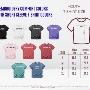 a collection of youth t-shirt colors and sizes, along with a chart that provides the corresponding measurements. The chart includes various t-shirt designs, such as black, white, pepper, violet, blossom, watermelon, salmon, and others. The chart also provides size information for each color, including "S", "M", "L", "XL", and "XXL". The text in the image is clear and concise, providing a visual guide for selecting the appropriate t-shirt size based on the color.
