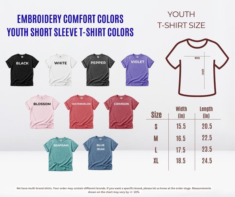 a collection of youth t-shirt colors and sizes, along with a chart that provides the corresponding measurements. The chart includes various t-shirt designs, such as black, white, pepper, violet, blossom, watermelon, salmon, and others. The chart also provides size information for each color, including "S", "M", "L", "XL", and "XXL". The text in the image is clear and concise, providing a visual guide for selecting the appropriate t-shirt size based on the color.