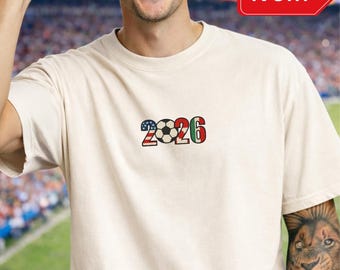 2026 Soccer Cup Embroidery Comfort Colors Shirt, Custom Football Flag Tee, Retro Sports Numbers Game Day Embroidered Tshirt