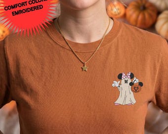 Disney Halloween Embroidery Comfort Colors Shirt, Minnie Mouse Spooky Embroidered Tshirt, Disney Family Vacation Graphic Tee